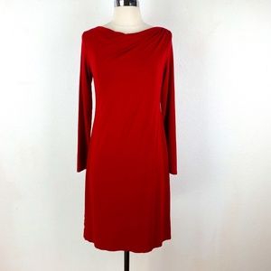 J Jill Women's True Red Jersey Knit Sheath Dress Draped Neck Long Sleeves XS